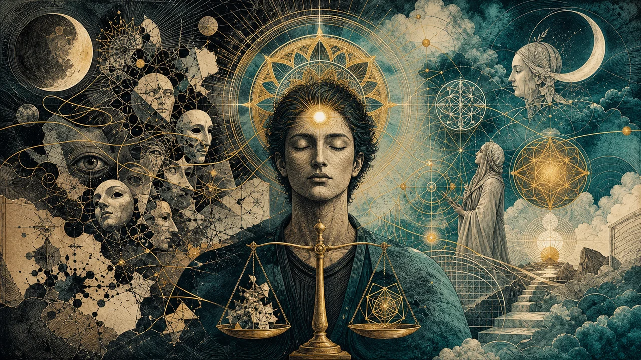 Person in contemplation with light in the third eye and symbols of balance and spiritual discernment