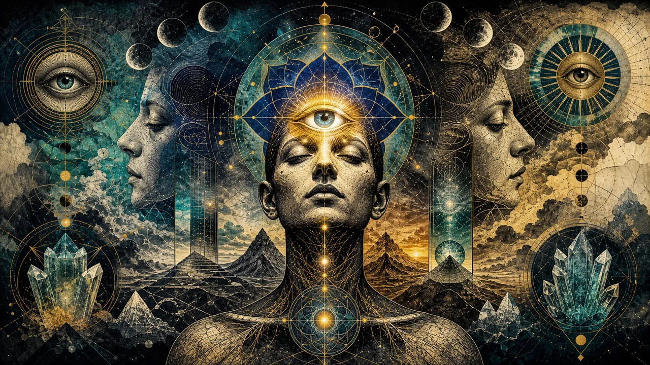 Person meditating with a point of light at the third eye and symbols of spiritual perception around them