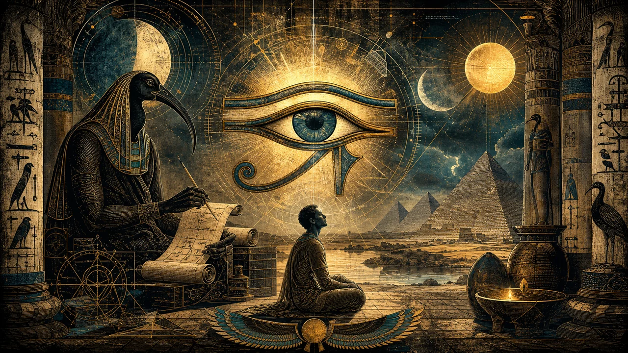 Symbolic Egyptian scene with the Eye of Horus, Thoth, and inner spiritual vision