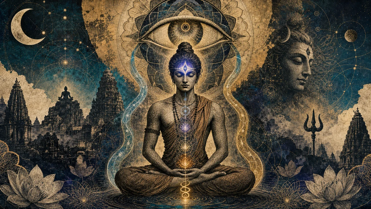 Person meditating with balanced energy in the Ajna Chakra in a setting inspired by Hindu culture