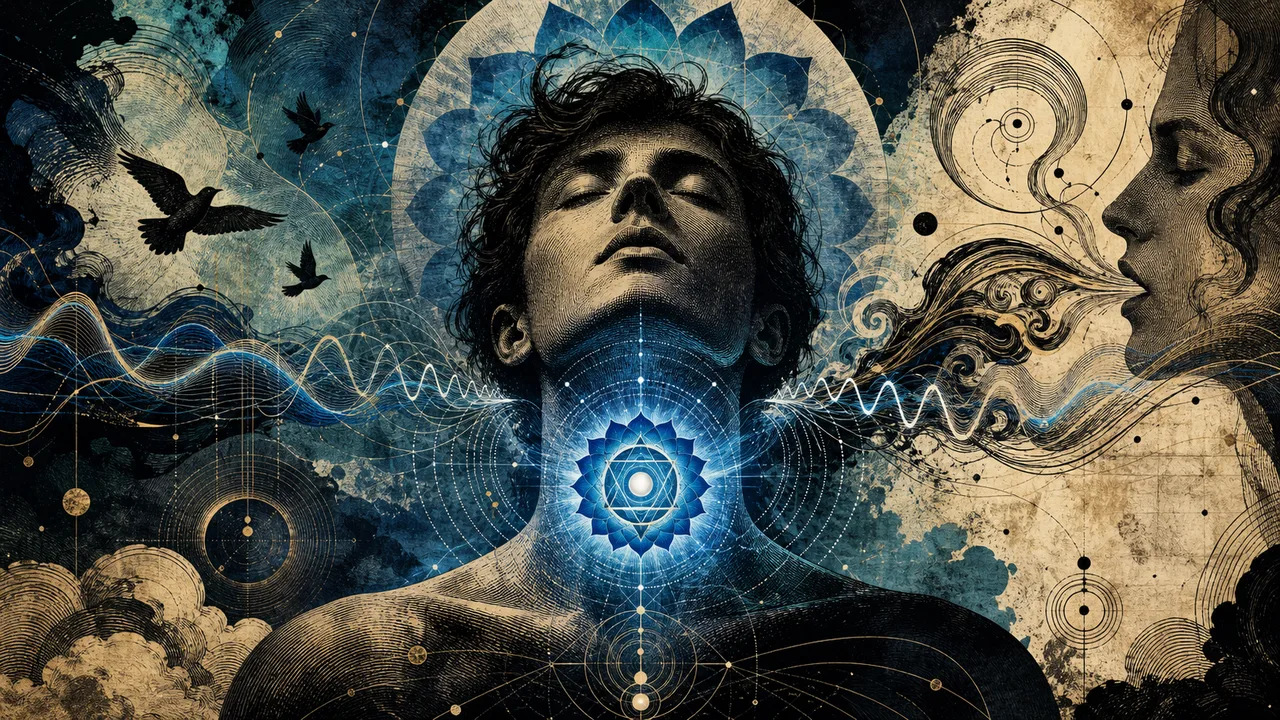 A person meditating with luminous blue energy at the throat chakra and subtle waves of expression around them