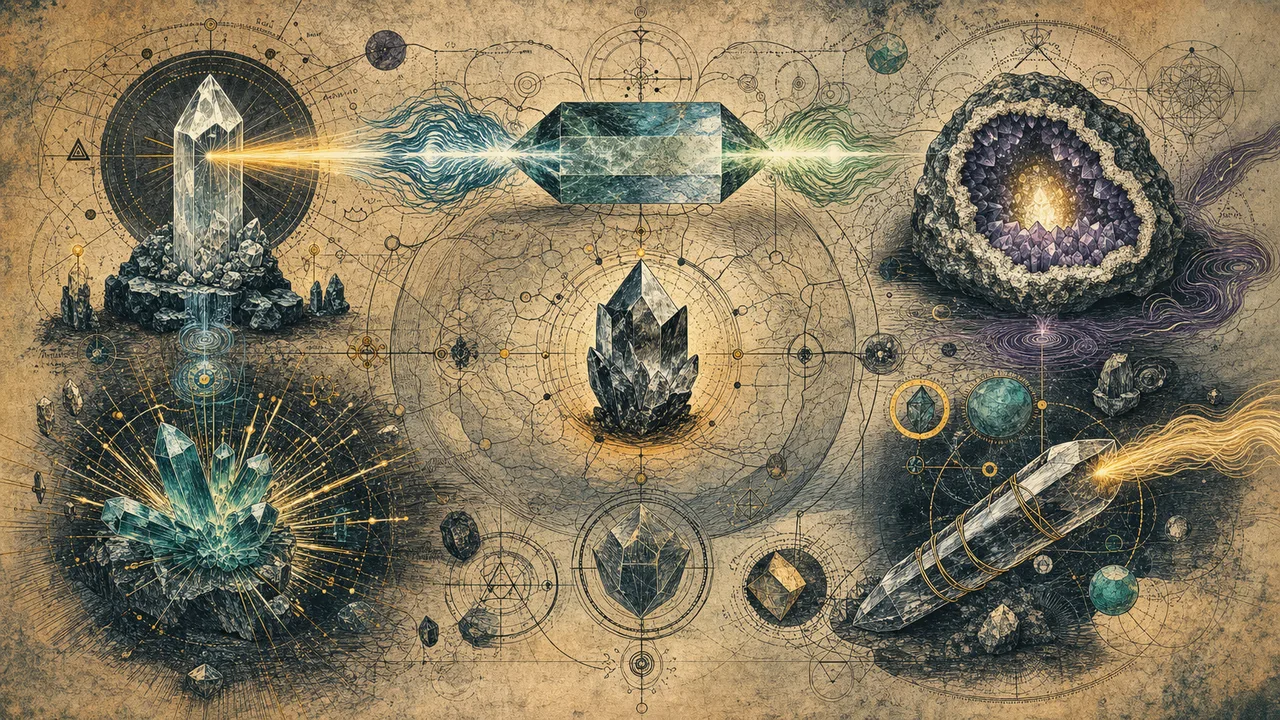 Different types of crystals radiating and directing energy in a symbolic crystal therapy composition