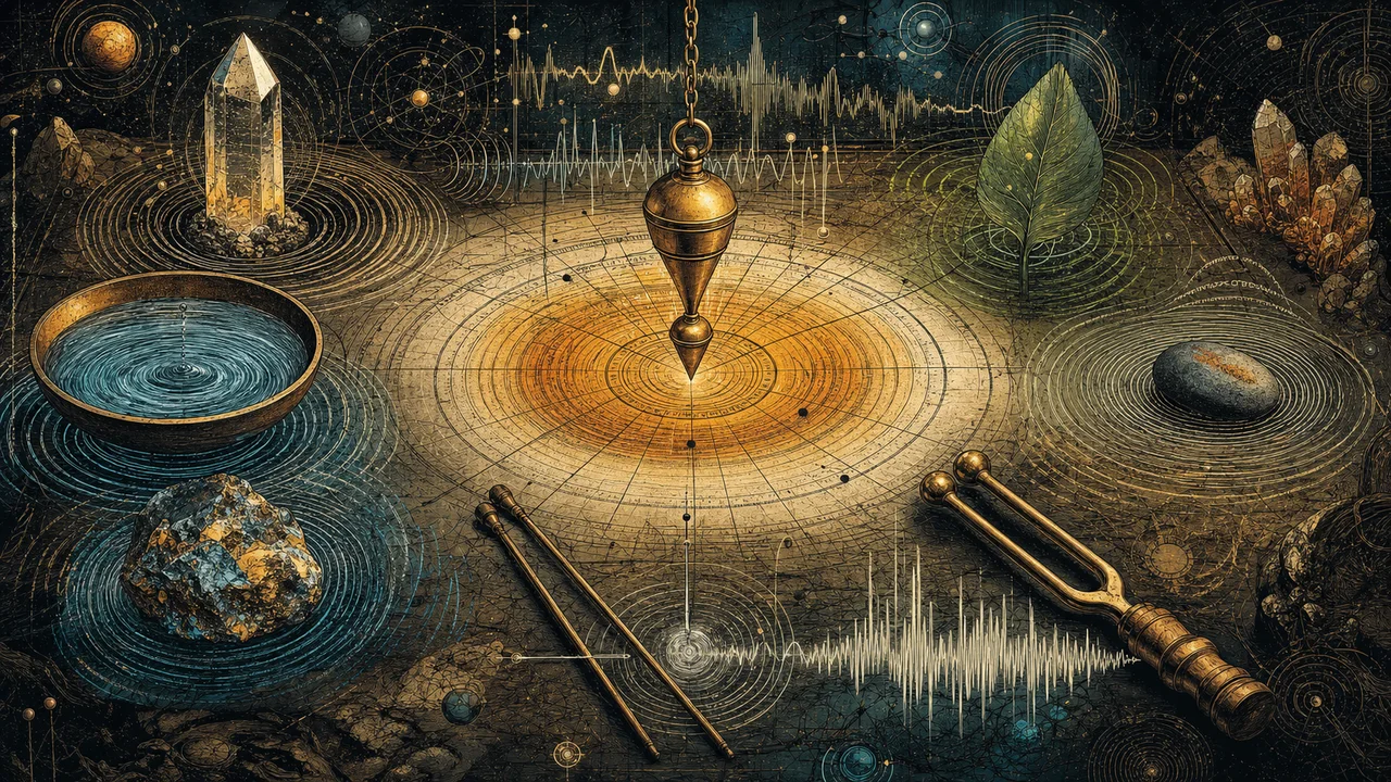 Pendulum over a dowsing chart with water, crystals, a leaf, minerals and frequency waves in a symbolic composition