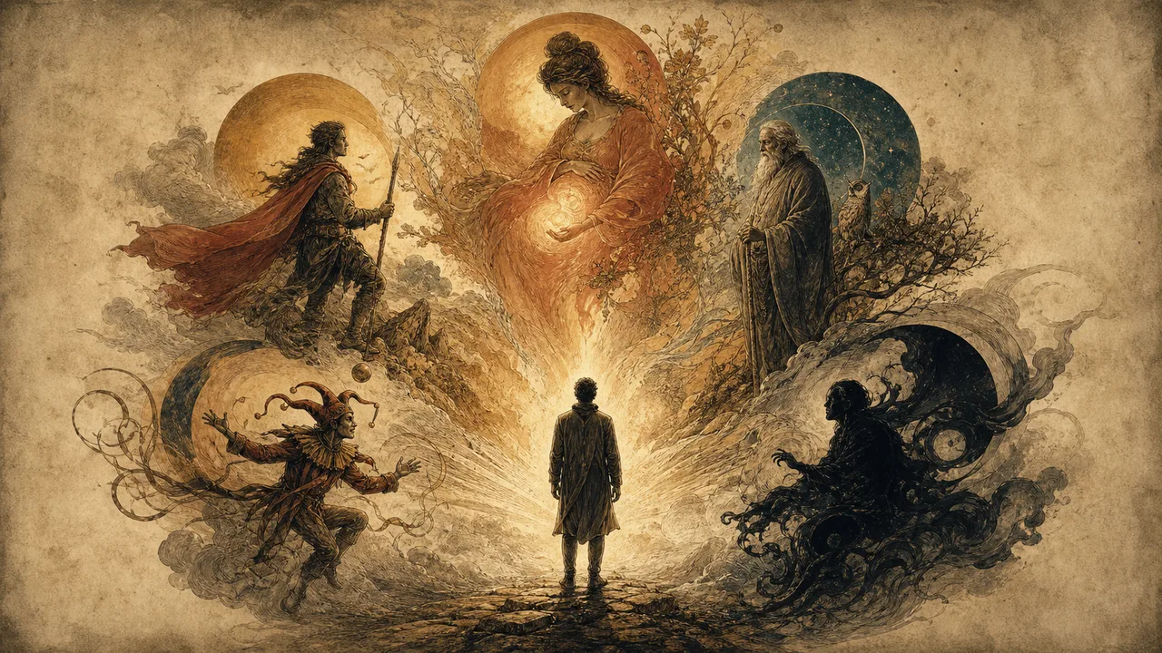A person before symbolic figures representing different archetypes of consciousness