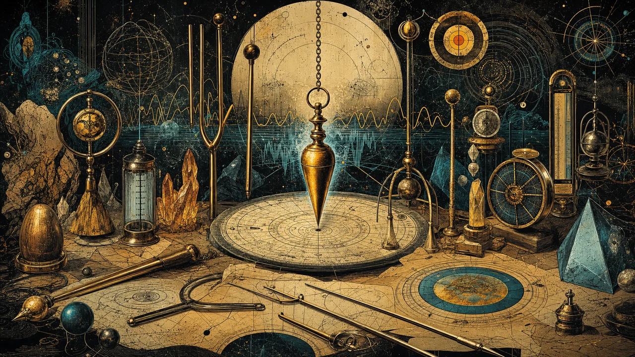 Table with a pendulum, forked branch, dual rods, dowsing charts, crystals, and energy measurement instruments in a symbolic composition