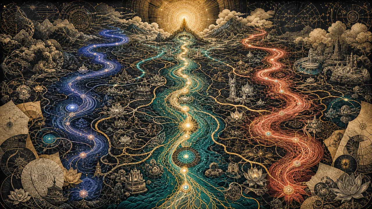 A person meditating with luminous channels of subtle energy crossing the body and energy field
