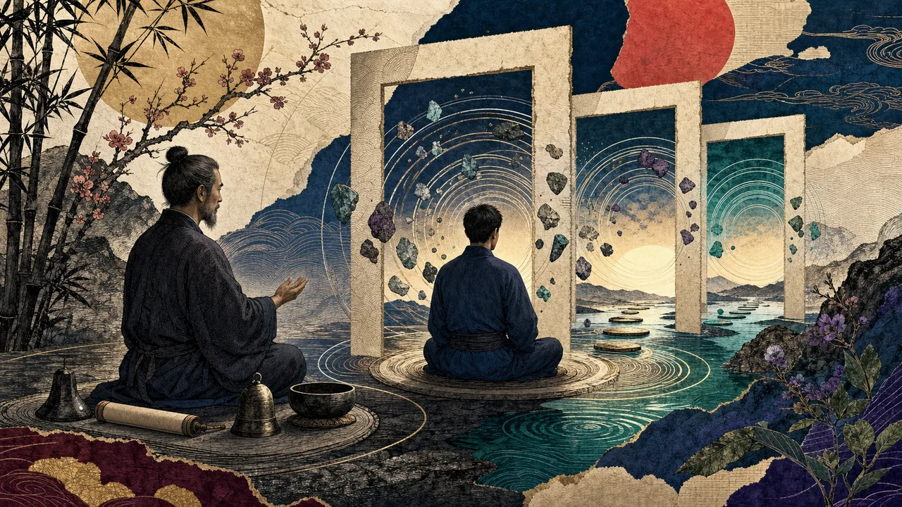 Reiki master conducting an energetic attunement for a seated student with soft light surrounding the energy field
