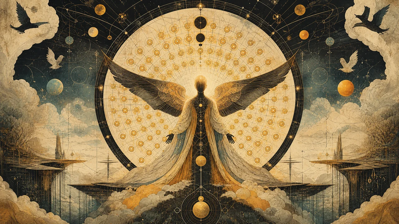 An angelic figure before a composition of 72 luminous points and Kabbalistic symbols