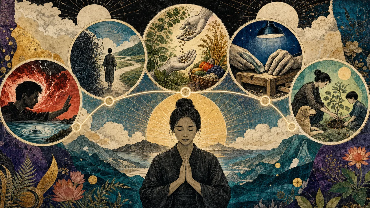 Reiki practitioner in Gassho with five luminous symbols representing calm, trust, gratitude, honesty, and kindness