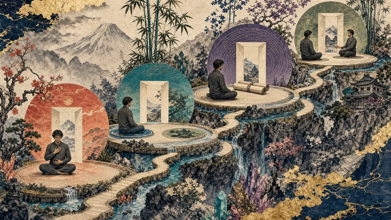 Reiki student in meditation surrounded by soft layers of light representing the levels of learning