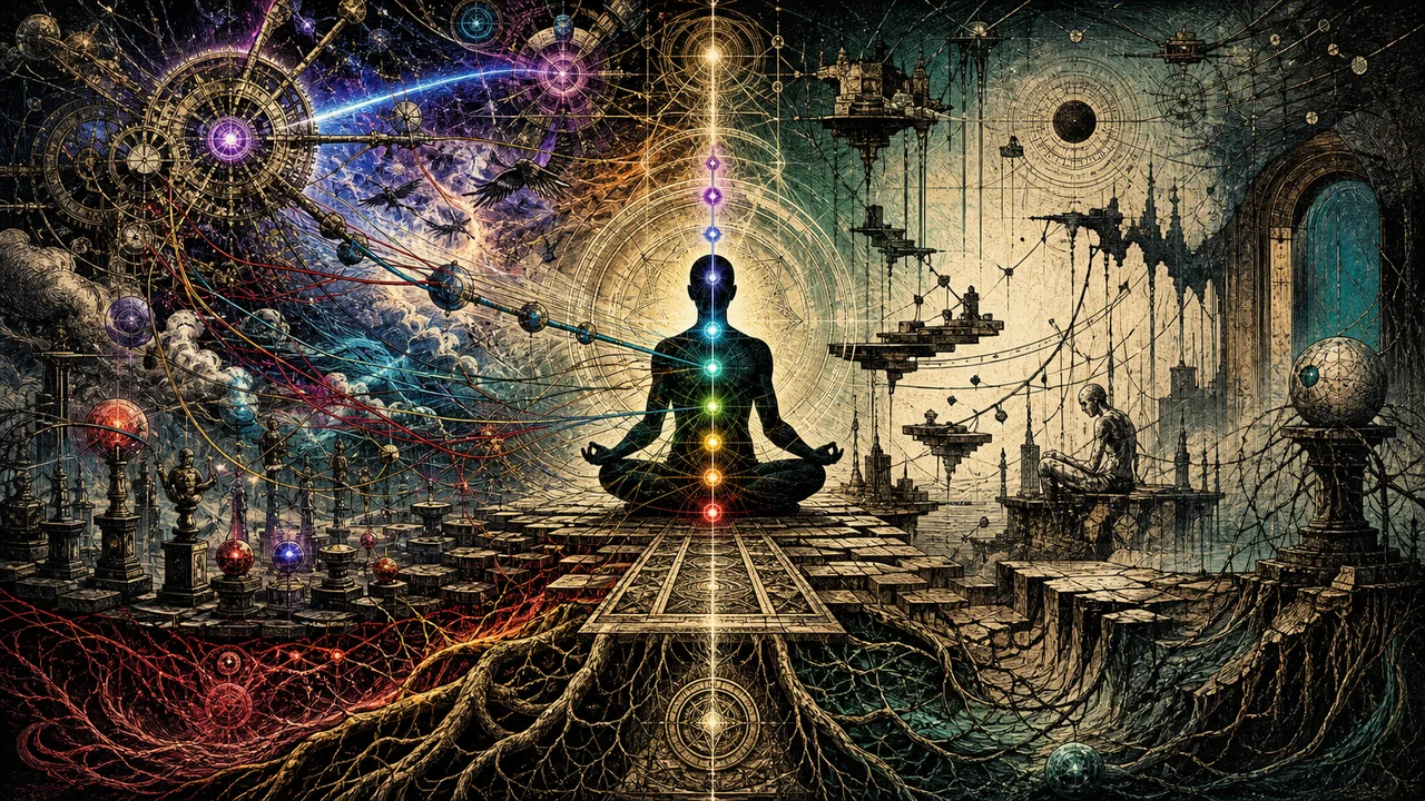 Person meditating with aligned chakras between signs of disorganization and energetic balance