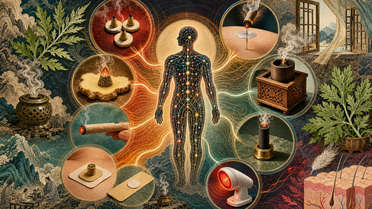 A surreal composition presenting the main types of moxa therapy