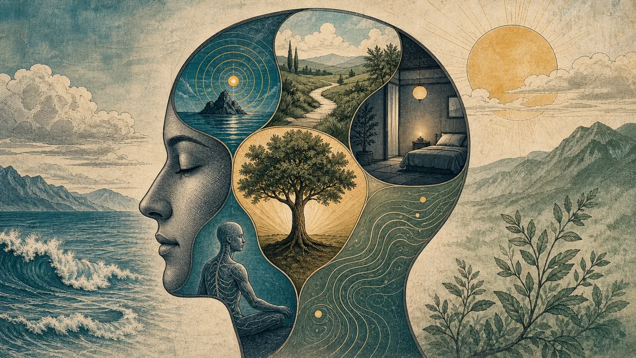 Person taking a conscious pause with subtle symbols of focus, breathing, rest and emotional balance