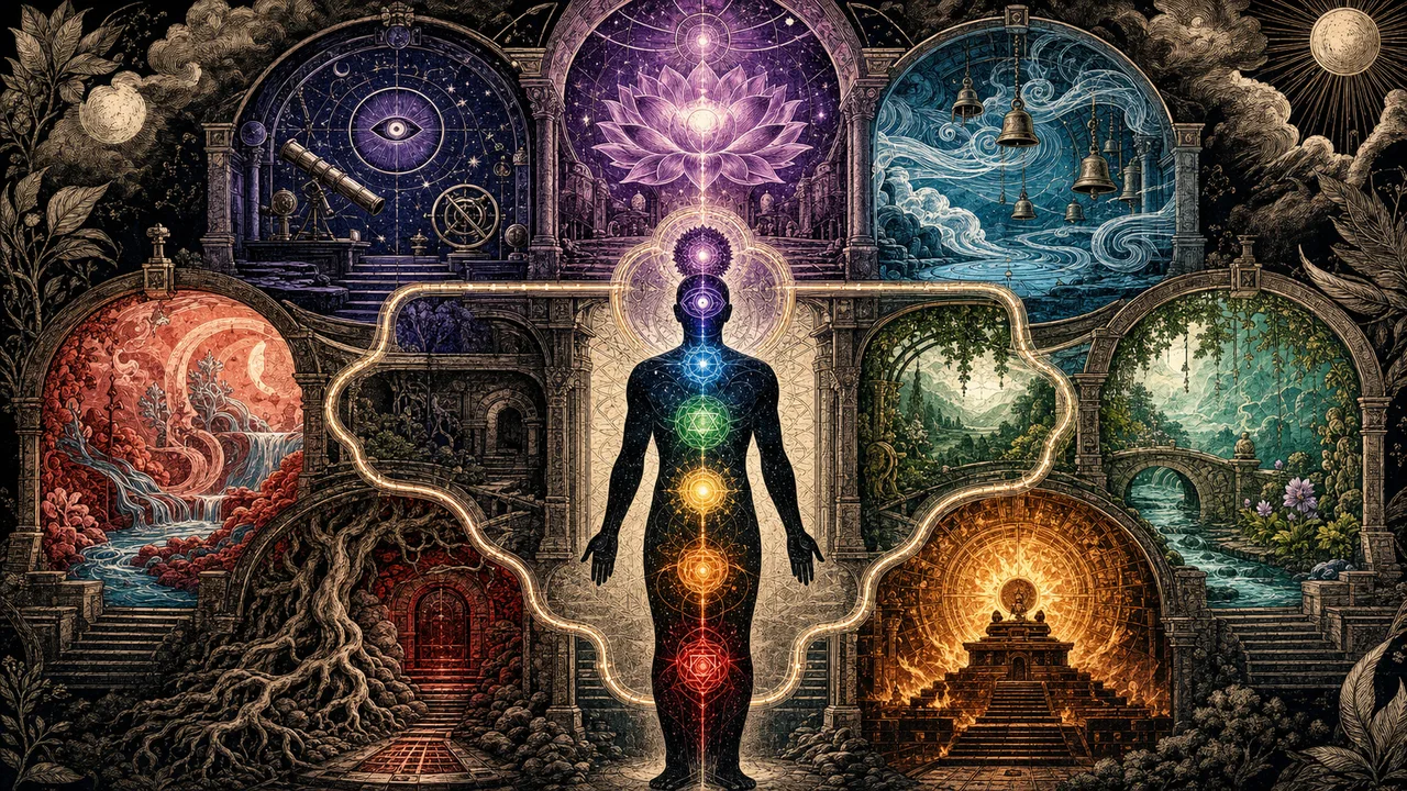 Person meditating with the seven main chakras aligned along the energy body