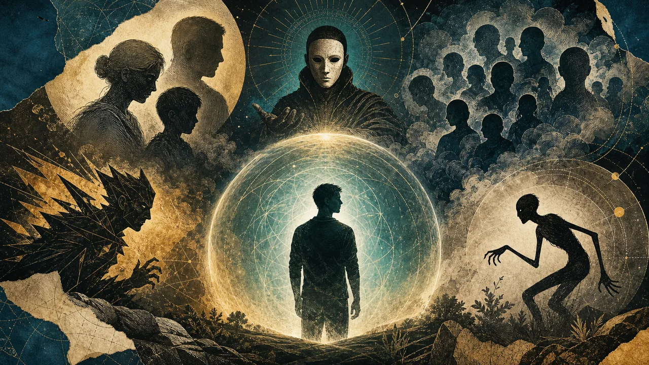 A person protected by an energetic field with different subtle presences around them representing types of obsessing spirits