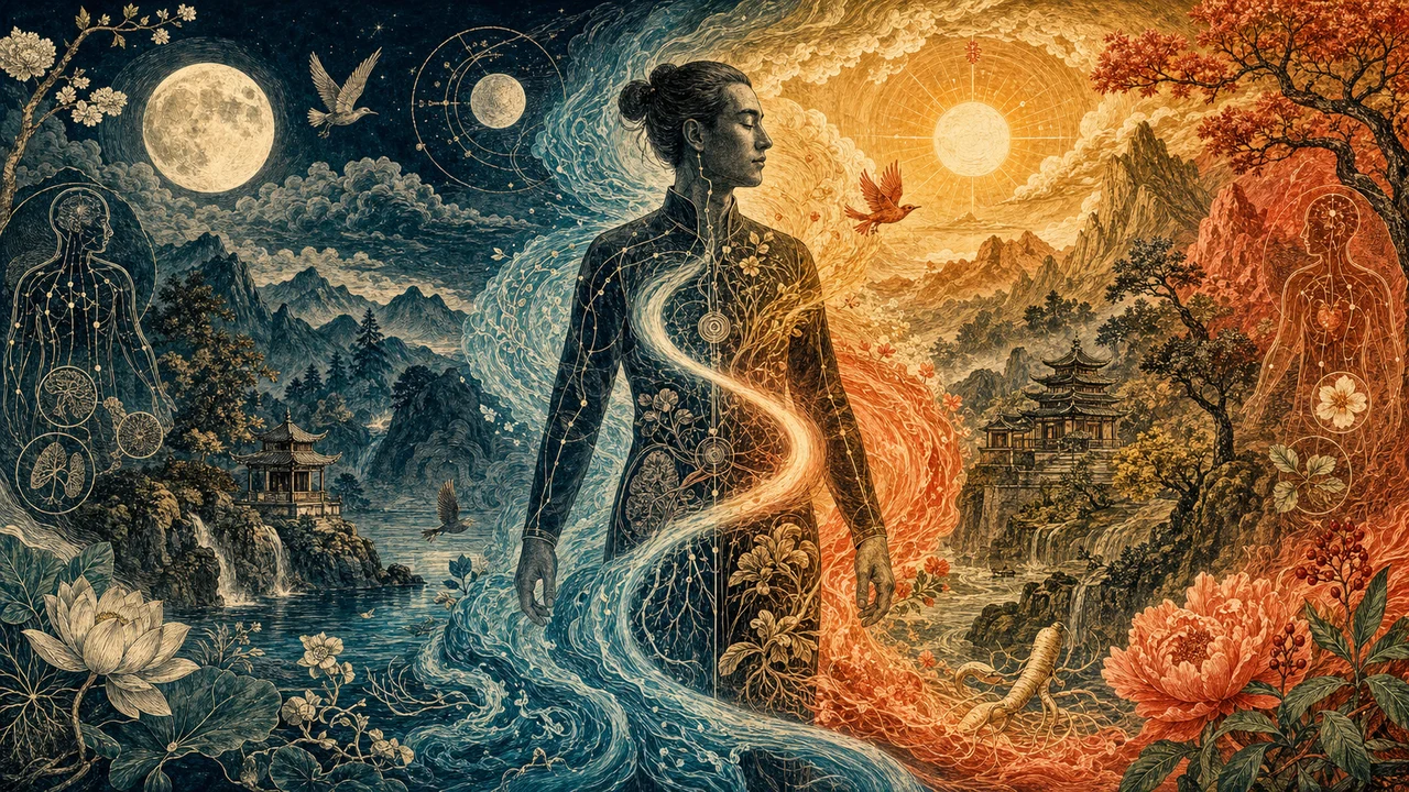 A representation of Yin and Yang with landscapes of night and day, rest and movement integrated into the human body