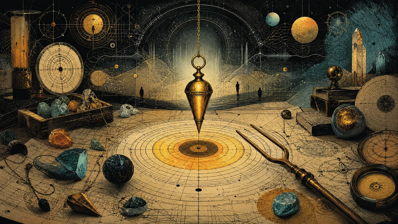 A pendulum over dowsing charts with a forked rod, crystals and symbols of energetic measurement in a symbolic composition