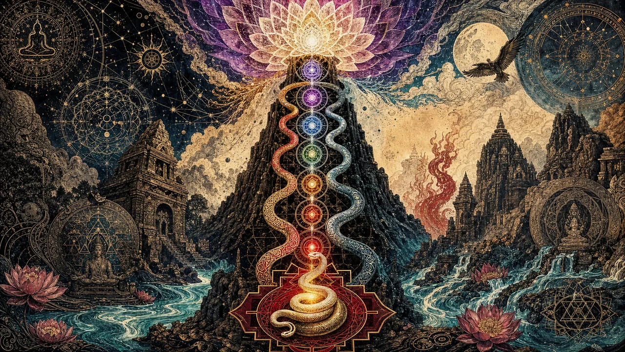 A person meditating with luminous energy rising through the spine and passing through the seven chakras