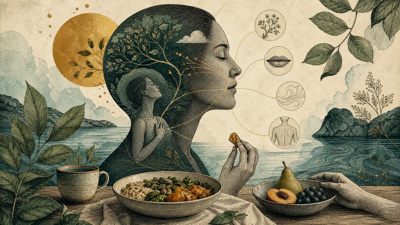 A person practicing mindful eating during a simple and peaceful meal
