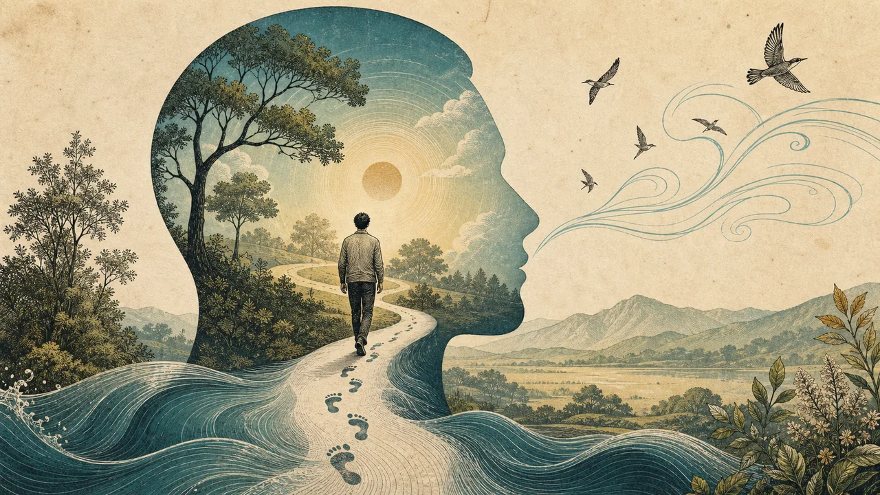 A person walking slowly through a garden with attention to each step and the breath
