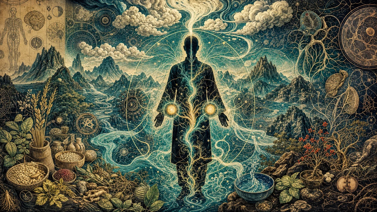 A representation of Qi in Chinese Medicine with a human figure, breathing, food, fluids and movements of transformation