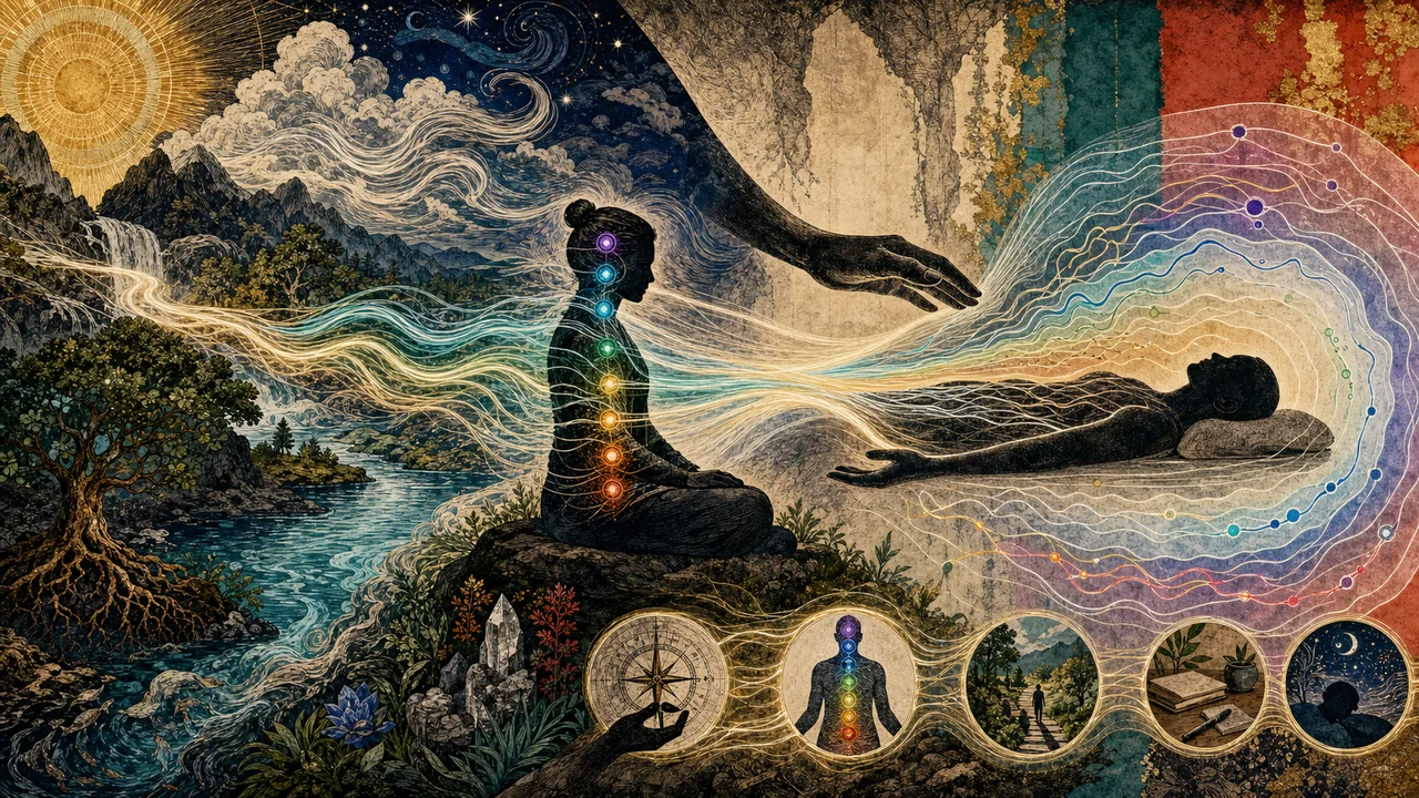 Reiki application with luminous energy flowing through the hands and an organized energy field around the recipient