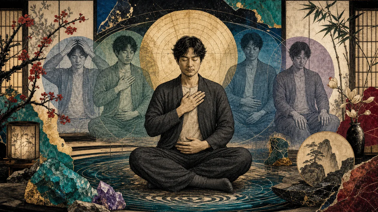 Person seated in a peaceful setting practicing Reiki self-application with soft light in their hands and body