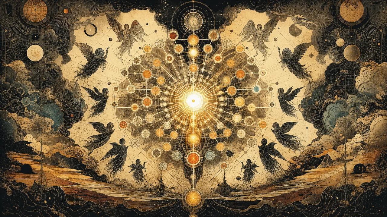 Three bands of luminous symbols forming 72 paths around a central figure