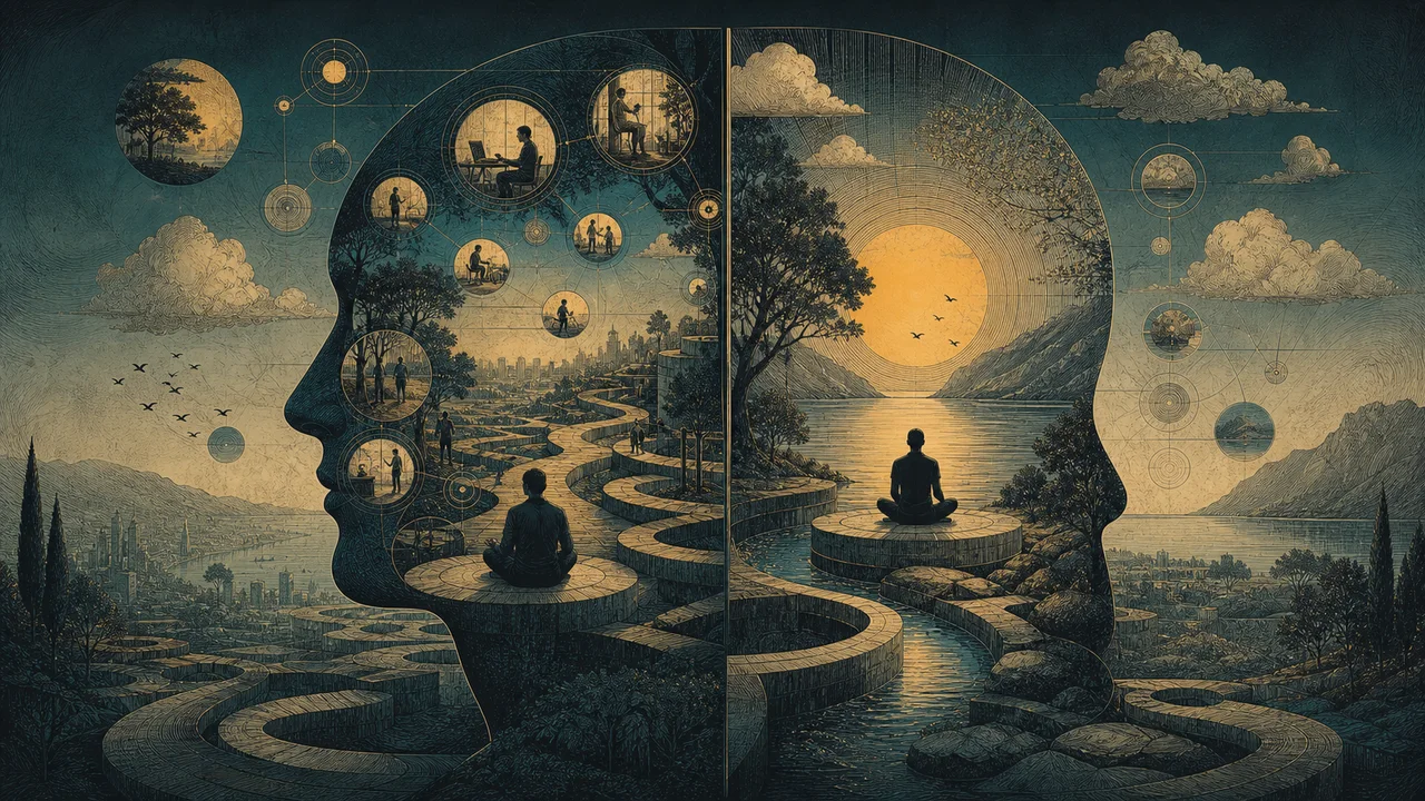 Person meditating with scenes of present-moment awareness in daily life around them, representing the difference between mindfulness and meditation