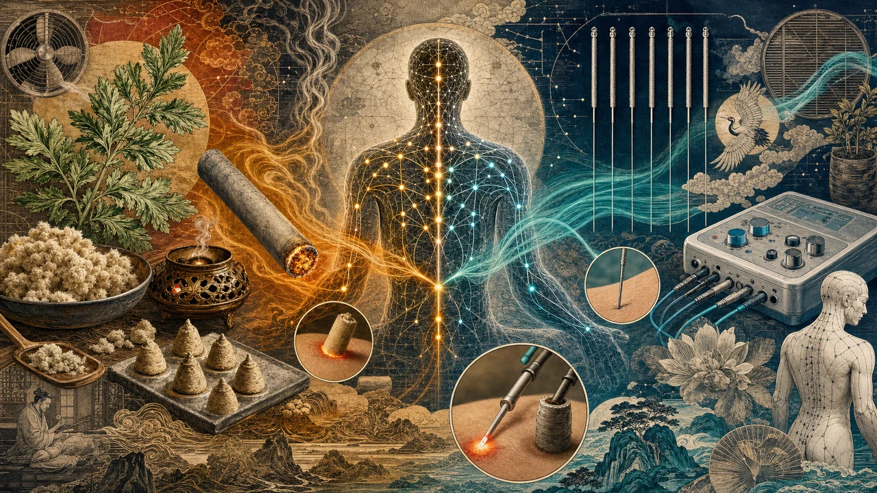 A surreal composition comparing moxa therapy, moxibustion and acupuncture