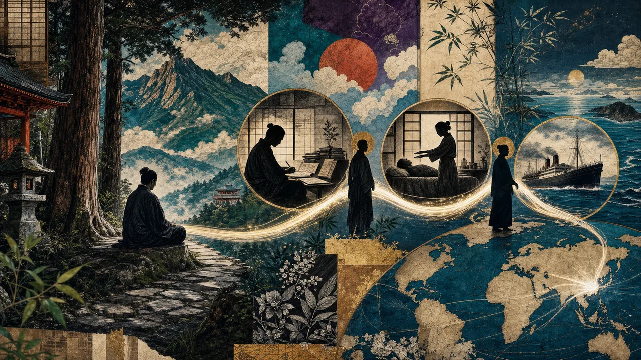 Japanese practitioner meditating in a mountain setting with luminous energy in his hands, representing the origin of Reiki