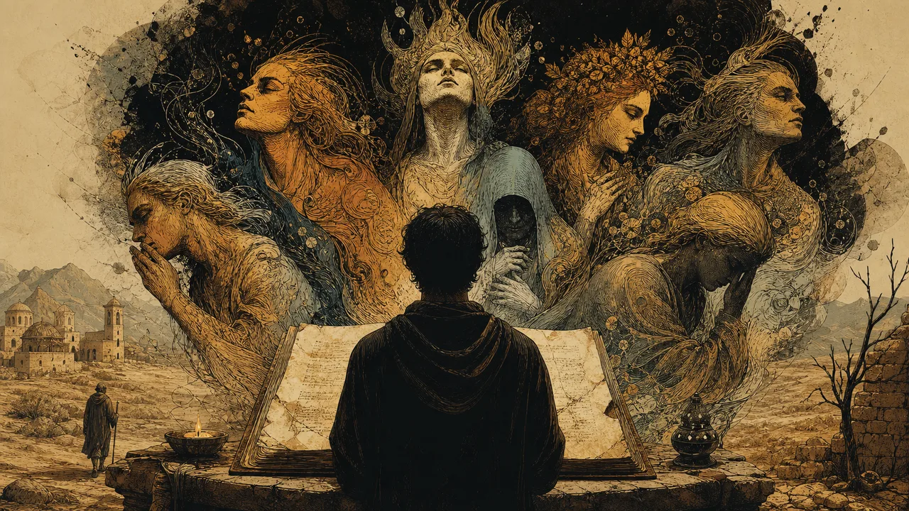 Person before an ancient manuscript surrounded by seven shadows representing the origin of the capital sins