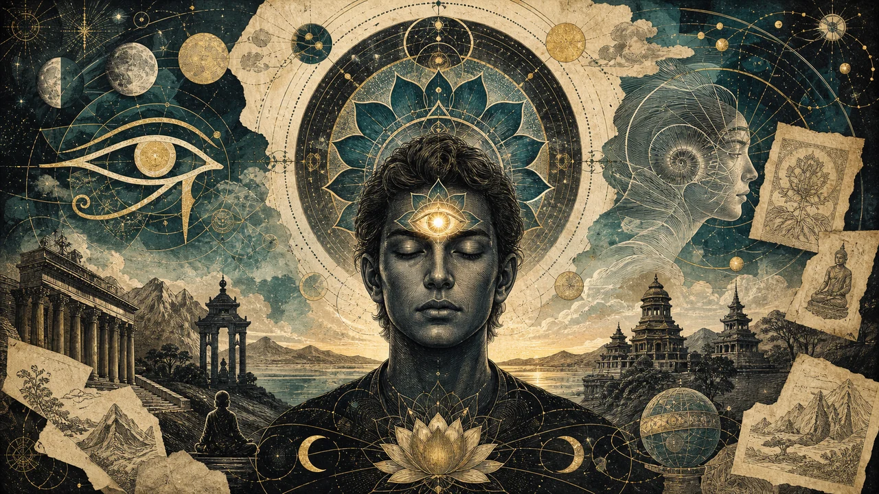 Person in contemplation with light at the third eye, spiritual symbols, and a golden landscape in the background