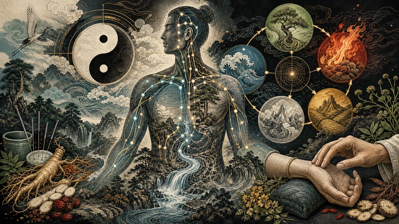 A human body integrated with landscapes, meridians, Yin and Yang, the five elements, herbs and pulse diagnosis in Traditional Chinese Medicine