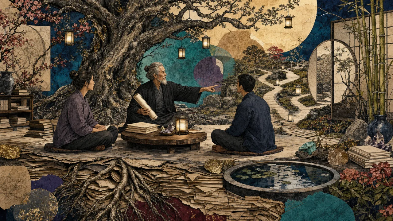 Reiki master guiding students in a peaceful setting with soft light in the hands representing teaching and responsibility