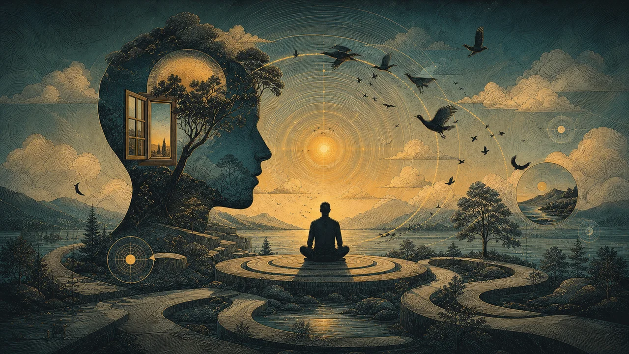 Person practicing mindfulness as thoughts gently move away from and return to present attention