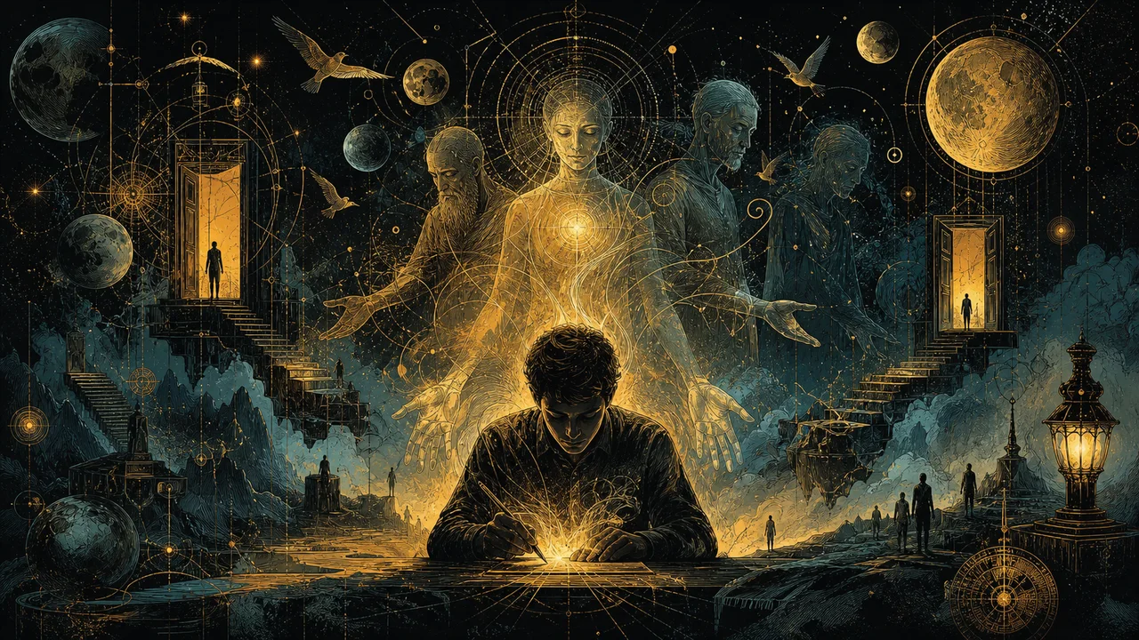 Spirit guides assisting a consciousness during astral projection in a peaceful extraphysical environment