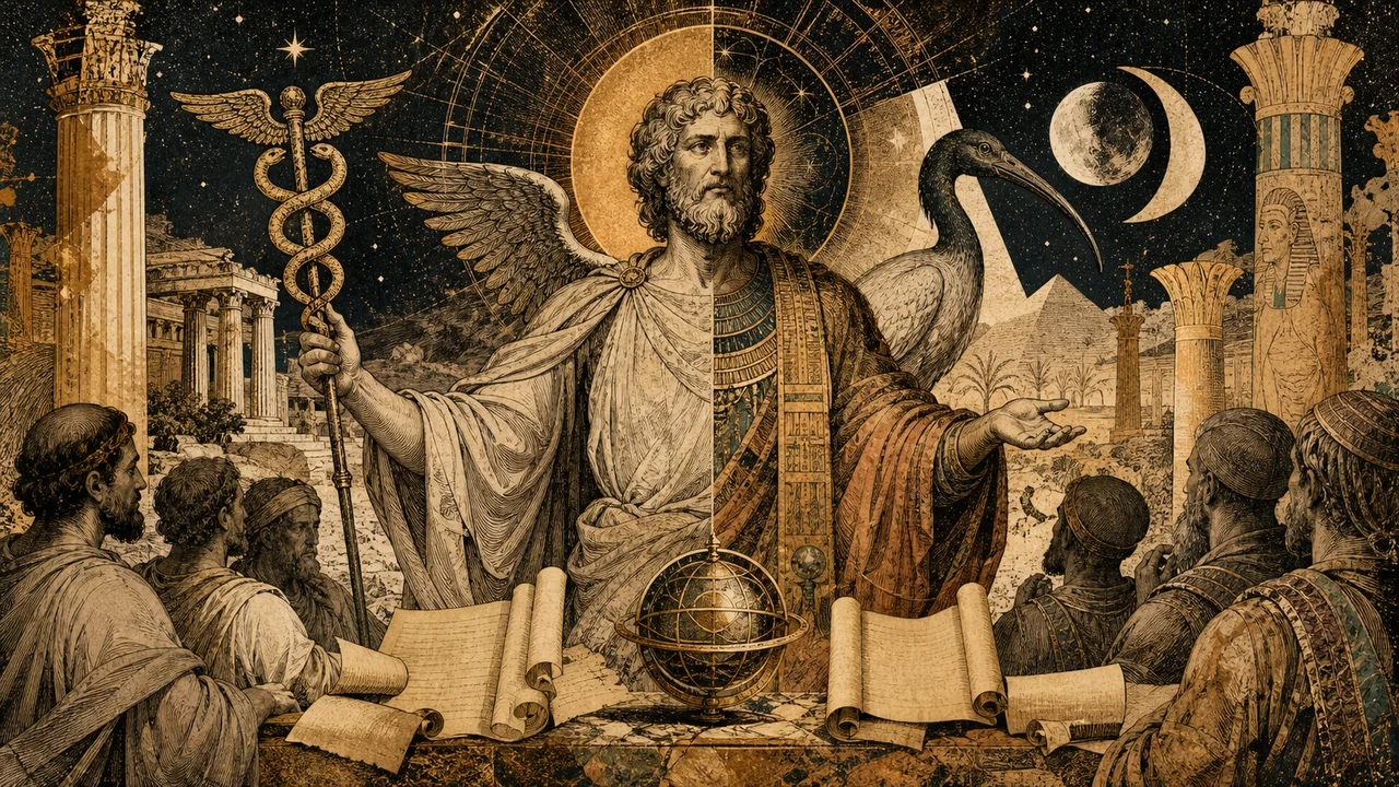 Hermes Trismegistus among Greek and Egyptian symbols representing the union of Hermes and Thoth
